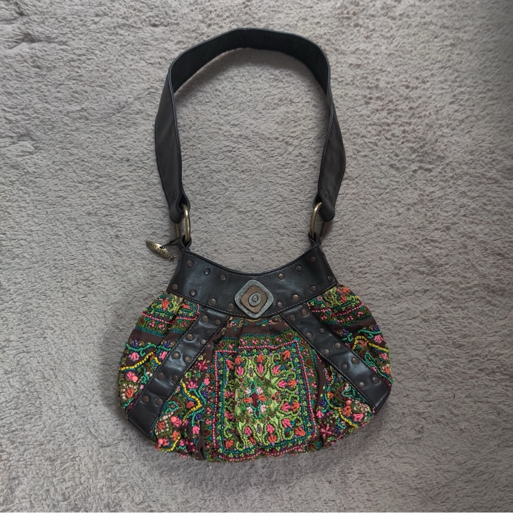 Mary Frances Multicolor Beaded Embroidered Brown Leather Shoulder handbag Floral